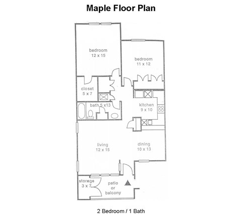 A drawing of a floor plan for a Maple floor plan with two bedrooms and one bath.
